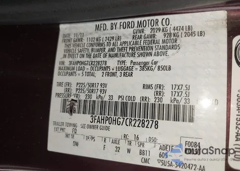 2012 Ford Fusion Se z USA, uszkodzony, nr VIN 3FAHP0HG7CR228278